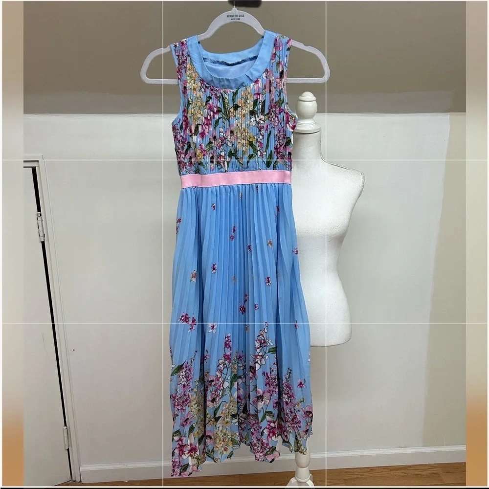 Blue Floral Girls' Dress with Pink Waistband
